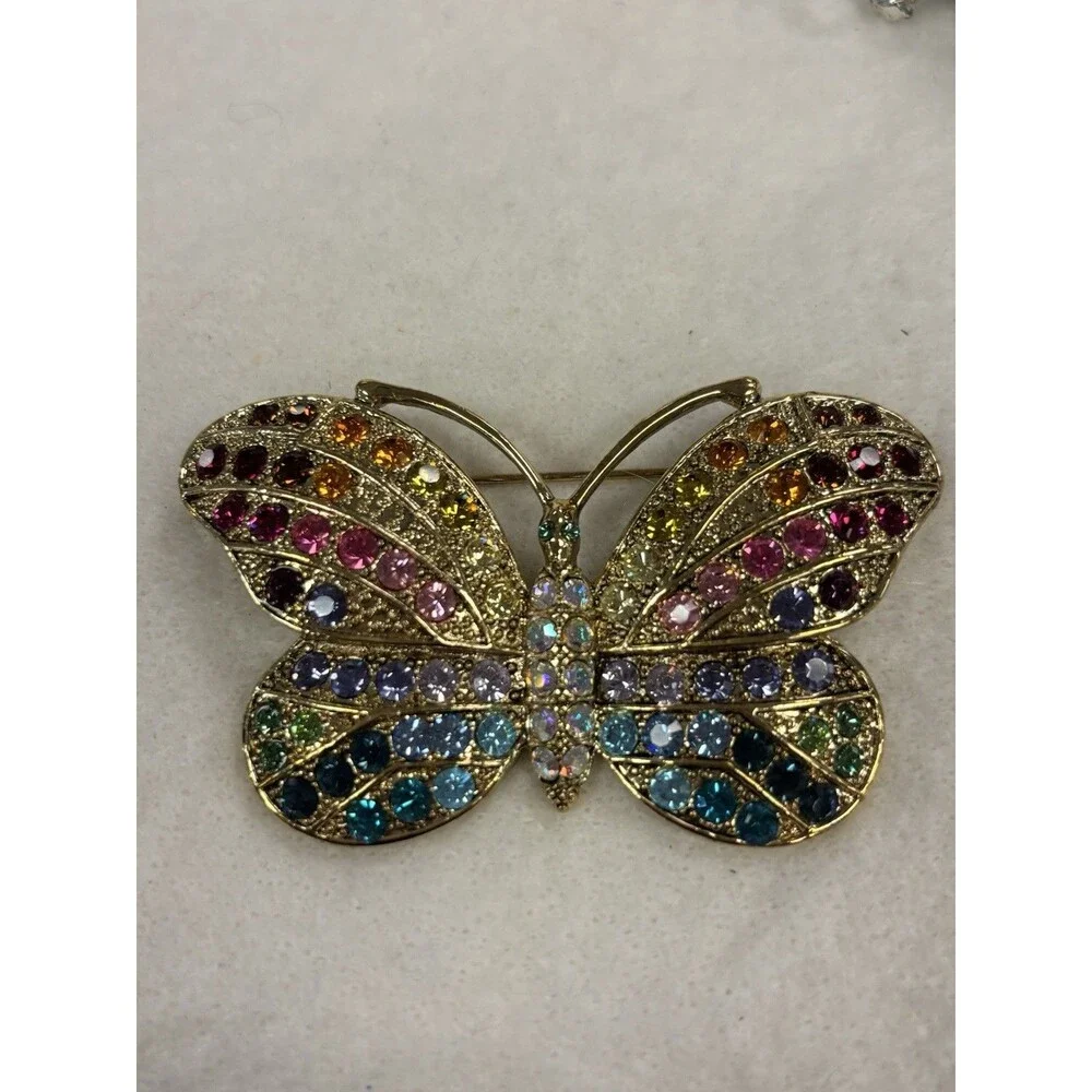 Kirk’s Folly Rainbow Butterfly Brooch Pin AB Rhinestones Gold Tone Large